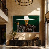 White Horizon Raises the Pipe - Pipe Smoking White Hat Figure painting by Adrian Lee, mid-century modern horizontal wall art – styled room scene view 3