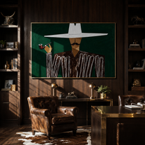 White Horizon Raises the Pipe - Pipe Smoking White Hat Figure painting by Adrian Lee, mid-century modern horizontal wall art – styled room scene view 4