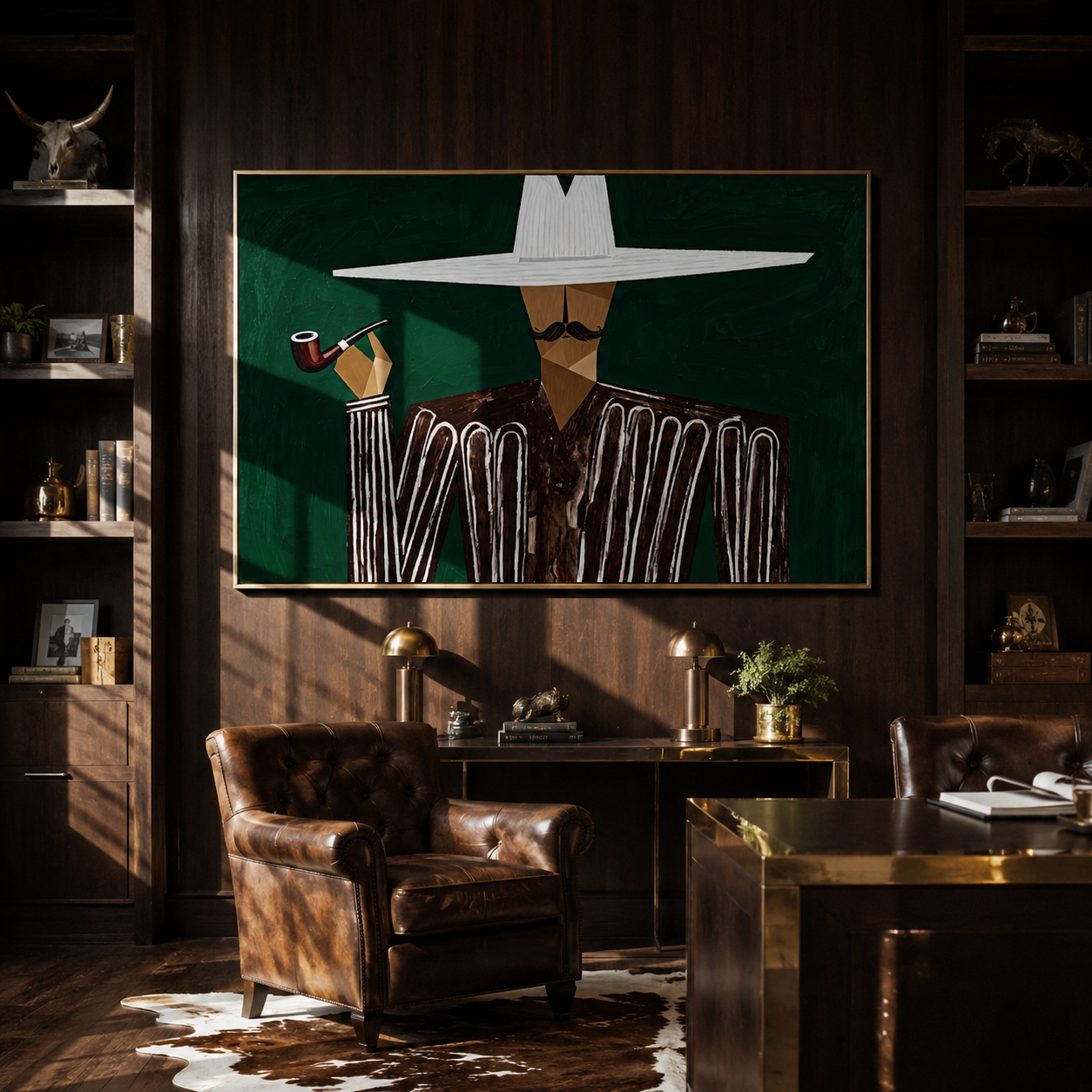 White Horizon Raises the Pipe - Pipe Smoking White Hat Figure painting by Adrian Lee, mid-century modern horizontal wall art – styled room scene view 4