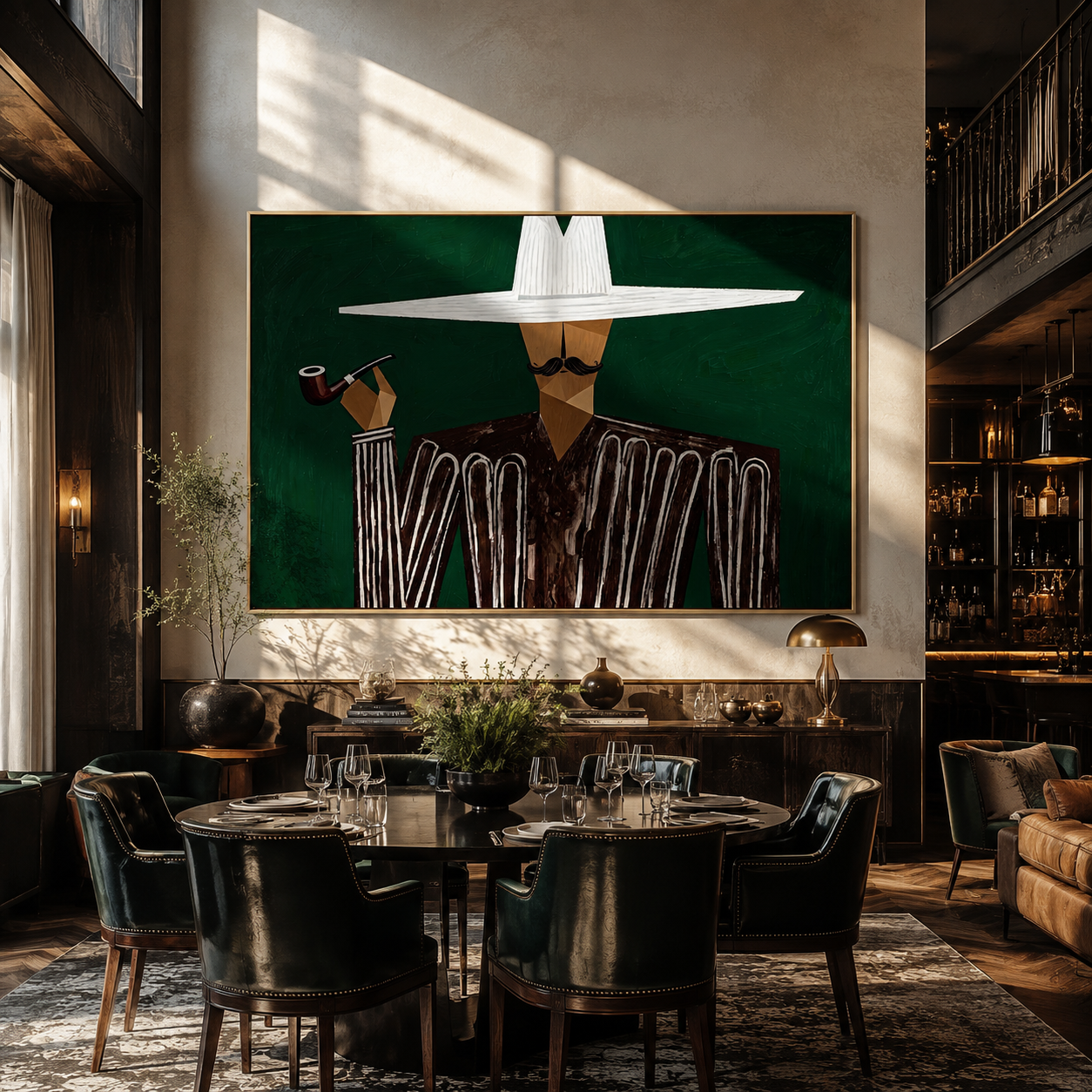 White Horizon Raises the Pipe - Pipe Smoking White Hat Figure painting by Adrian Lee, mid-century modern horizontal wall art – styled room scene view 5