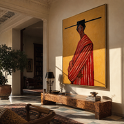 Scarlet Robe Turns toward Gold - Red Stripe Profile Figure painting by Adrian Lee, mid-century modern vertical wall art – styled room scene view 1