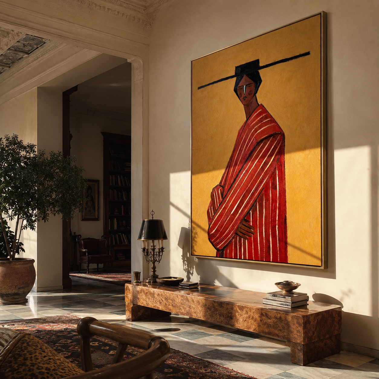 Scarlet Robe Turns toward Gold - Red Stripe Profile Figure painting by Adrian Lee, mid-century modern vertical wall art – styled room scene view 1