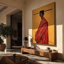 Scarlet Robe Turns toward Gold - Red Stripe Profile Figure painting by Adrian Lee, mid-century modern vertical wall art – styled room scene view 1