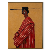 Scarlet Robe Turns toward Gold - Red Stripe Profile Figure painting by Adrian Lee, mid-century modern vertical wall art – wood frame on white background