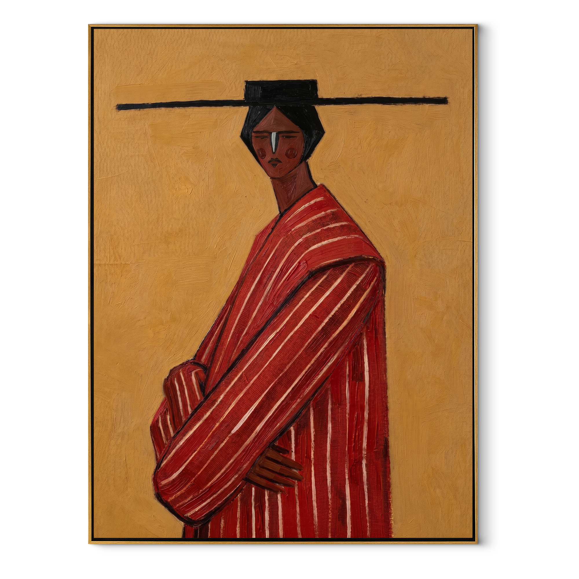 Scarlet Robe Turns toward Gold - Red Stripe Profile Figure painting by Adrian Lee, mid-century modern vertical wall art – wood frame on white background