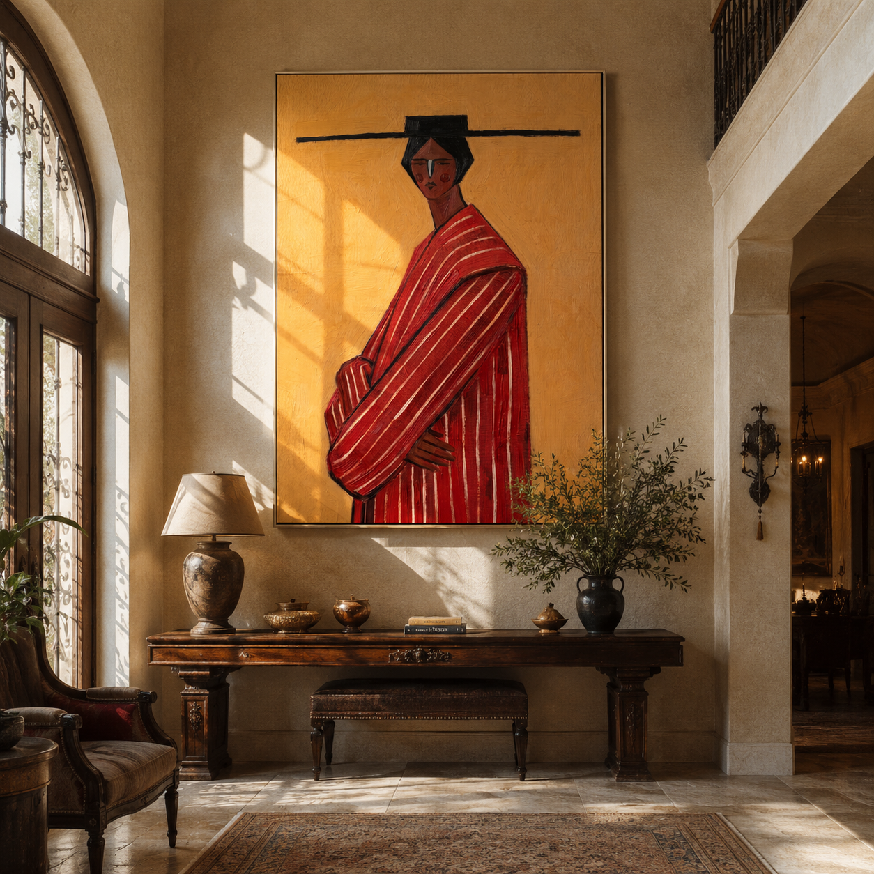Scarlet Robe Turns toward Gold - Red Stripe Profile Figure painting by Adrian Lee, mid-century modern vertical wall art – styled room scene view 2