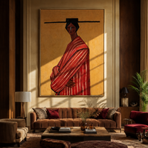 Scarlet Robe Turns toward Gold - Red Stripe Profile Figure painting by Adrian Lee, mid-century modern vertical wall art – styled room scene view 3