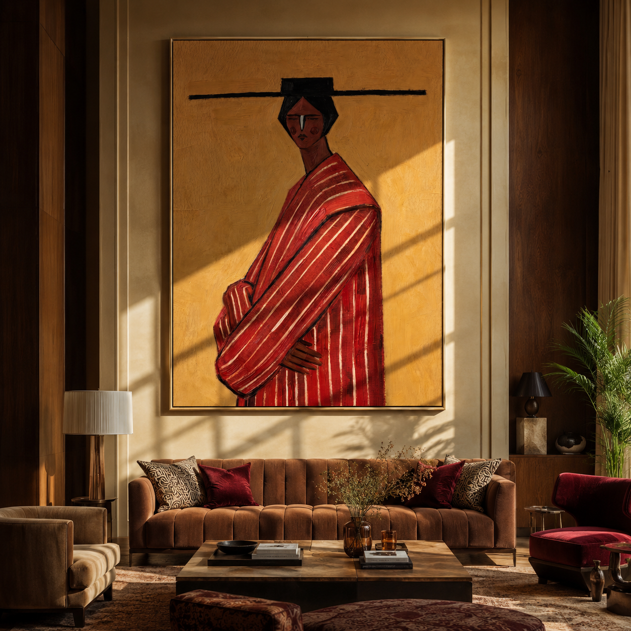 Scarlet Robe Turns toward Gold - Red Stripe Profile Figure painting by Adrian Lee, mid-century modern vertical wall art – styled room scene view 3