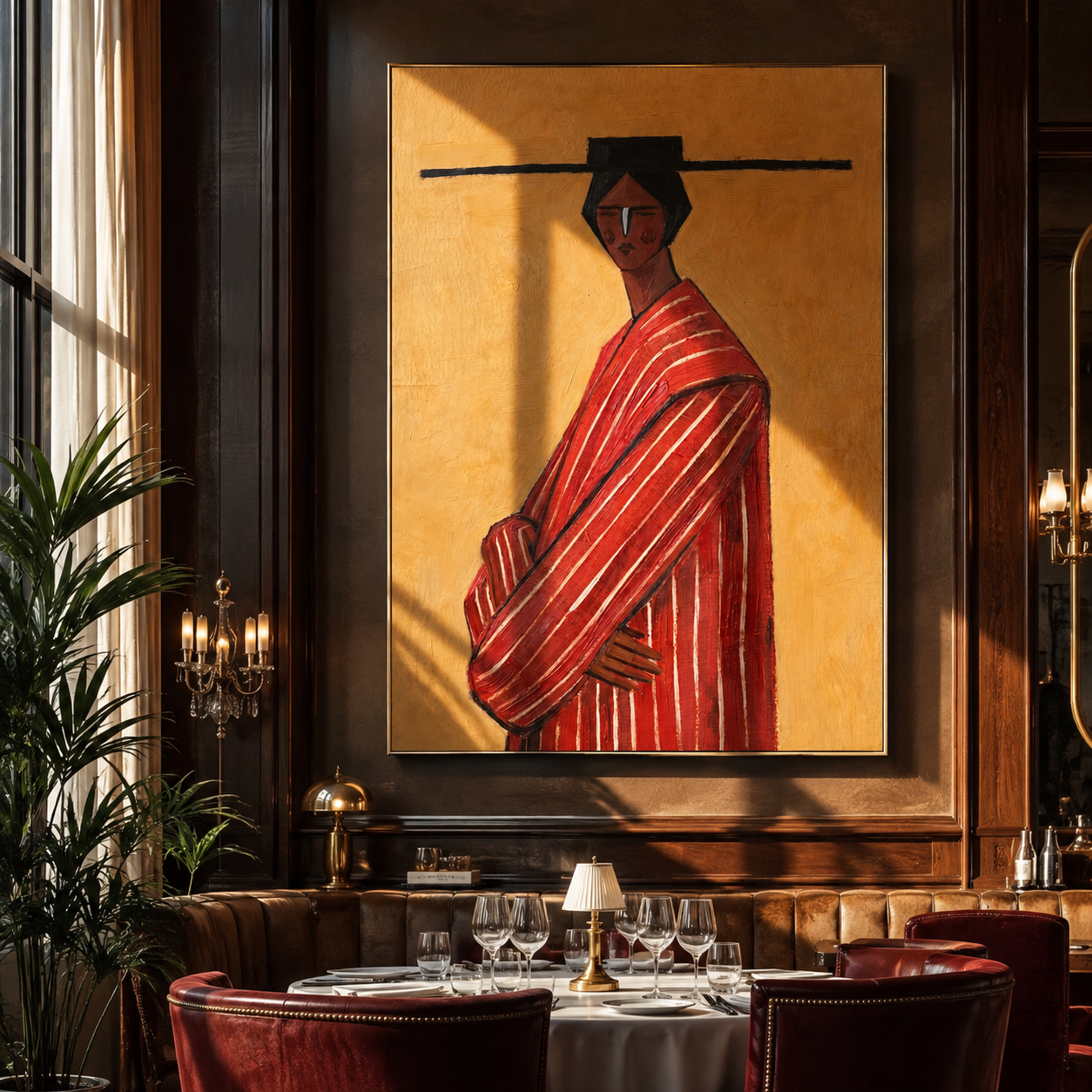 Scarlet Robe Turns toward Gold - Red Stripe Profile Figure painting by Adrian Lee, mid-century modern vertical wall art – styled room scene view 4