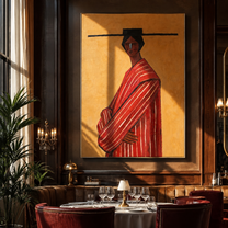 Scarlet Robe Turns toward Gold - Red Stripe Profile Figure painting by Adrian Lee, mid-century modern vertical wall art – styled room scene view 4