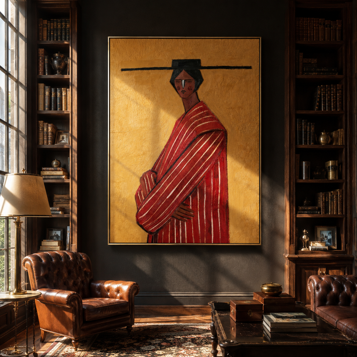 Scarlet Robe Turns toward Gold - Red Stripe Profile Figure painting by Adrian Lee, mid-century modern vertical wall art – styled room scene view 5