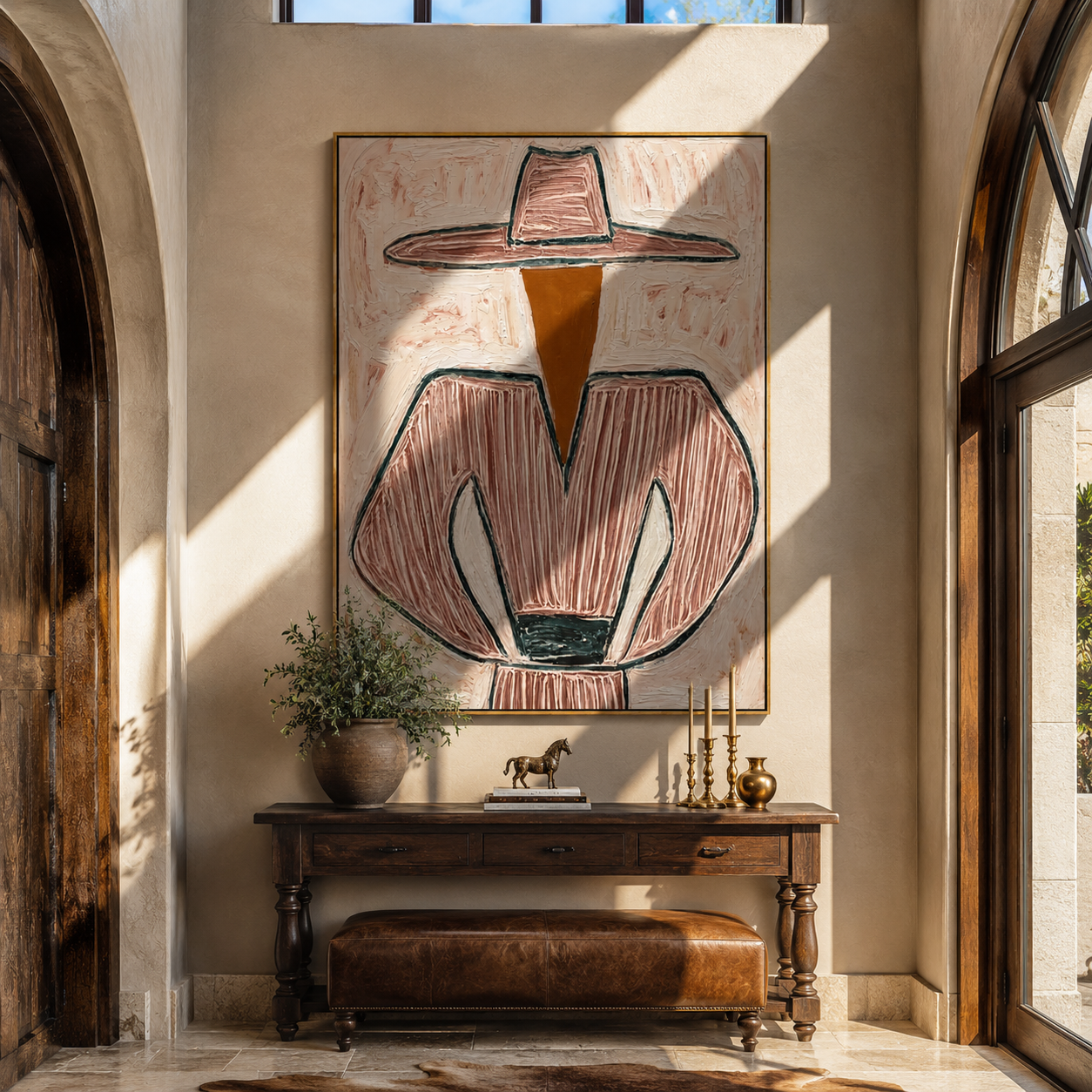 Pink Lines Guard the Green Cup - Pink Stripe Hat Figure painting by Adrian Lee, mid-century modern vertical wall art – styled room scene view 1