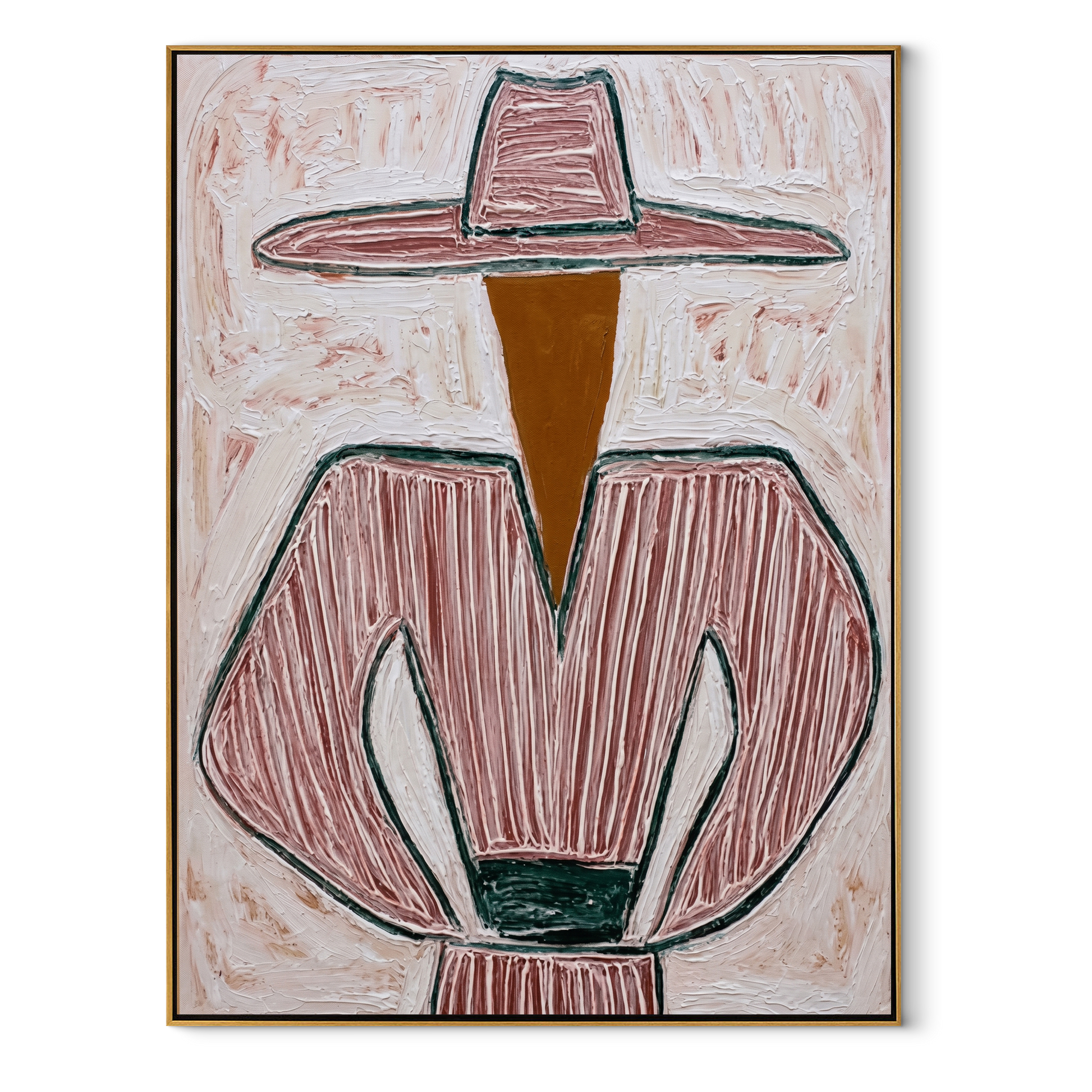 Pink Lines Guard the Green Cup - Pink Stripe Hat Figure painting by Adrian Lee, mid-century modern vertical wall art – wood frame on white background