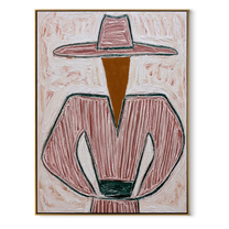 Pink Lines Guard the Green Cup - Pink Stripe Hat Figure painting by Adrian Lee, mid-century modern vertical wall art – wood frame on white background