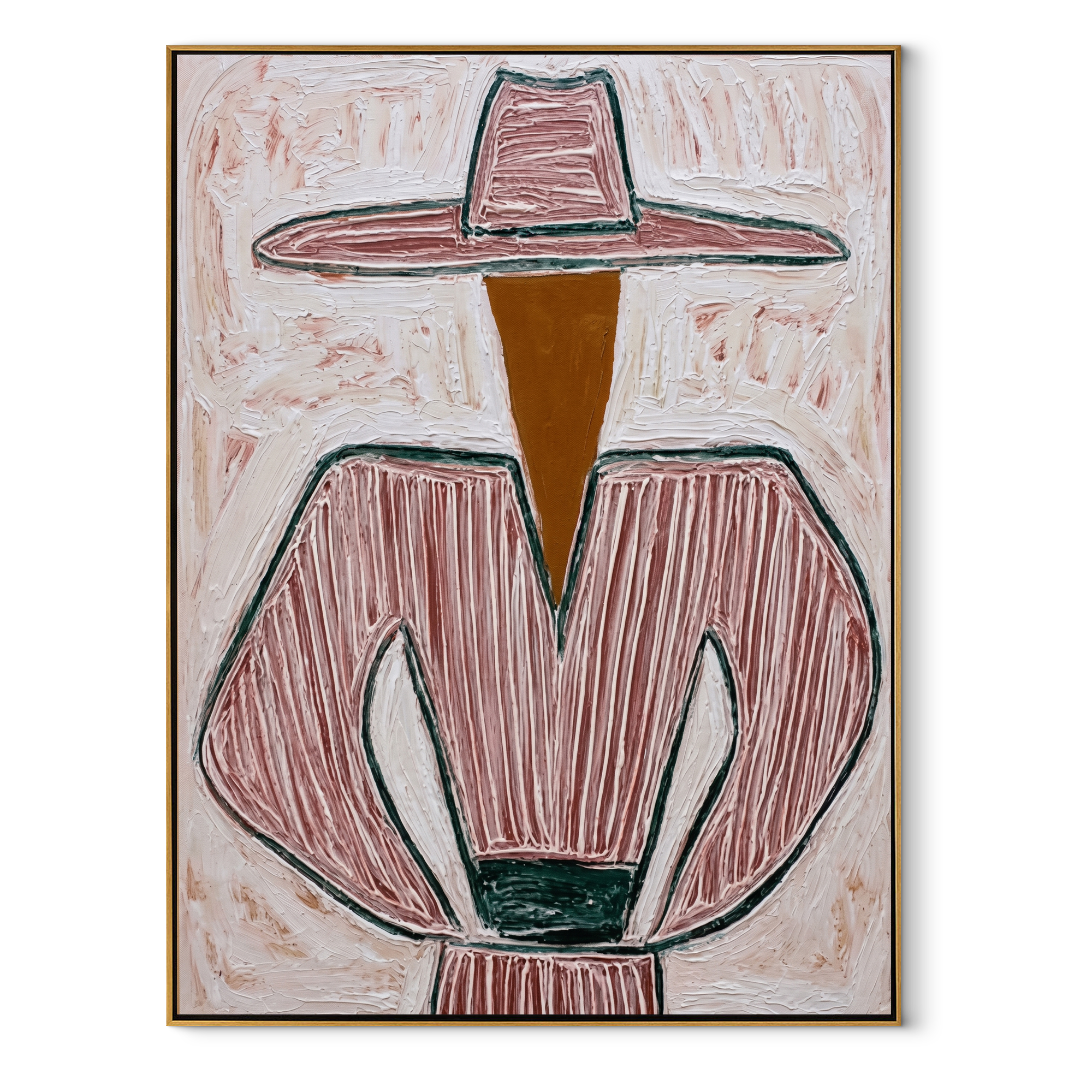 Pink Lines Guard the Green Cup - Pink Stripe Hat Figure painting by Adrian Lee, mid-century modern vertical wall art – wood frame on white background