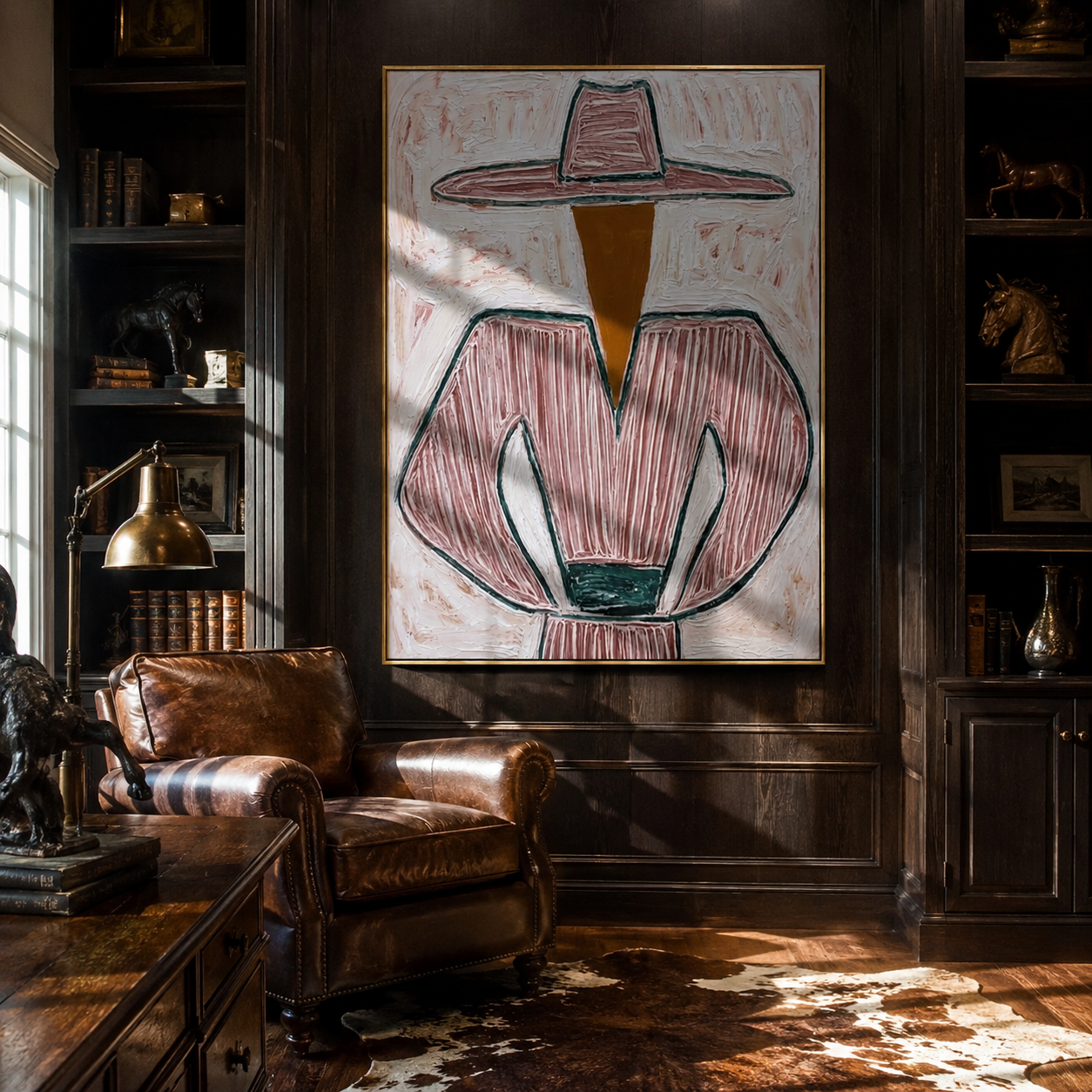Pink Lines Guard the Green Cup - Pink Stripe Hat Figure painting by Adrian Lee, mid-century modern vertical wall art – styled room scene view 2