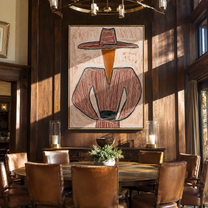 Pink Lines Guard the Green Cup - Pink Stripe Hat Figure painting by Adrian Lee, mid-century modern vertical wall art – styled room scene view 3