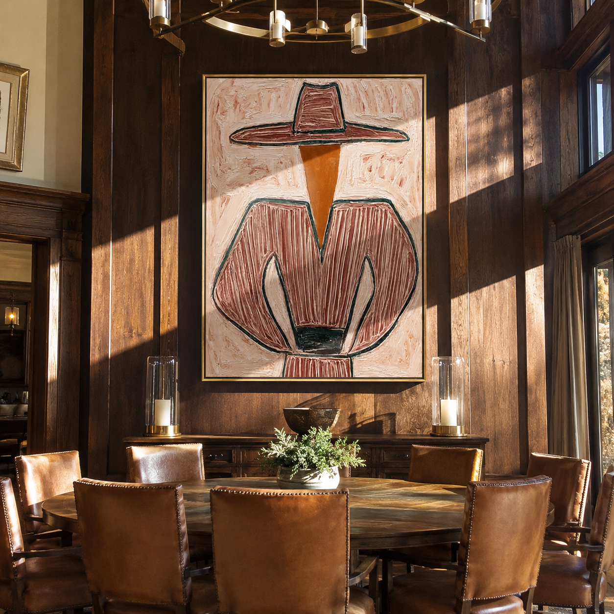Pink Lines Guard the Green Cup - Pink Stripe Hat Figure painting by Adrian Lee, mid-century modern vertical wall art – styled room scene view 3