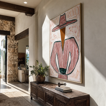 Pink Lines Guard the Green Cup - Pink Stripe Hat Figure painting by Adrian Lee, mid-century modern vertical wall art – styled room scene view 4