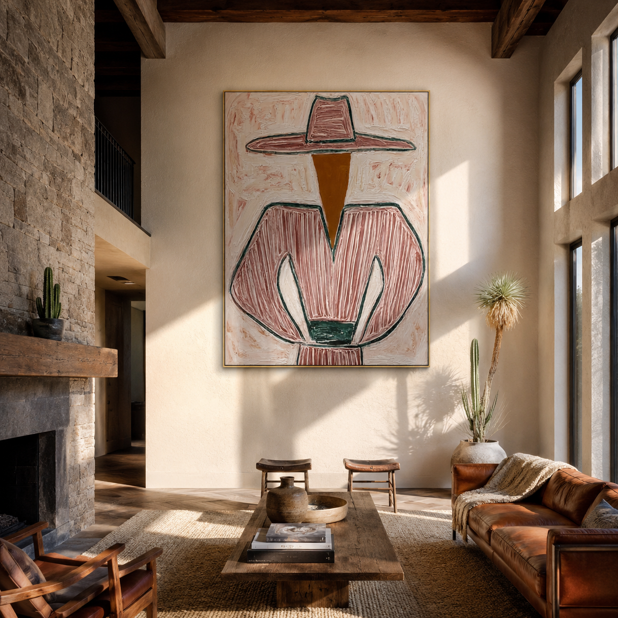 Pink Lines Guard the Green Cup - Pink Stripe Hat Figure painting by Adrian Lee, mid-century modern vertical wall art – styled room scene view 5