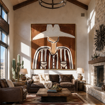White Brim Crowns Brown Stripes - Wide White Hat Portrait painting by Adrian Lee, mid-century modern square wall art – styled room scene view 1