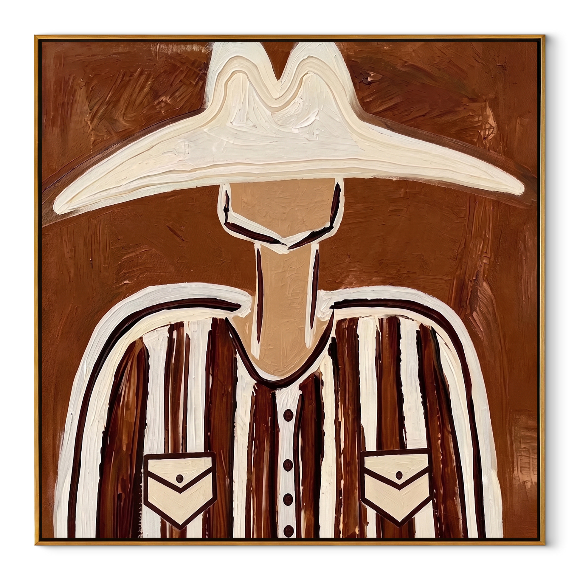 White Brim Crowns Brown Stripes - Wide White Hat Portrait painting by Adrian Lee, mid-century modern square wall art – wood frame on white background