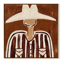 White Brim Crowns Brown Stripes - Wide White Hat Portrait painting by Adrian Lee, mid-century modern square wall art – wood frame on white background