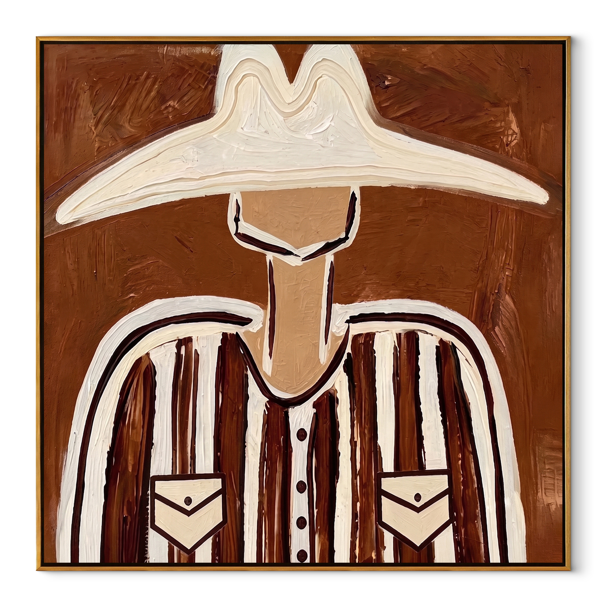 White Brim Crowns Brown Stripes - Wide White Hat Portrait painting by Adrian Lee, mid-century modern square wall art – wood frame on white background