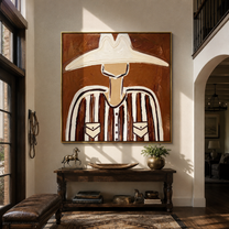 White Brim Crowns Brown Stripes - Wide White Hat Portrait painting by Adrian Lee, mid-century modern square wall art – styled room scene view 2