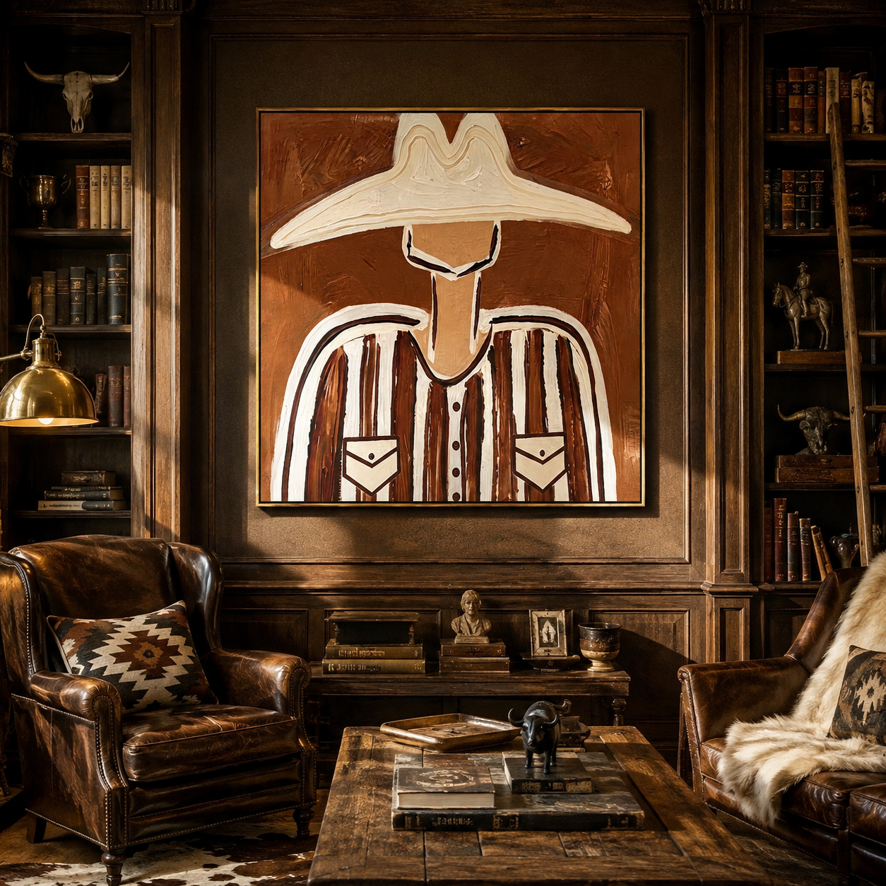 White Brim Crowns Brown Stripes - Wide White Hat Portrait painting by Adrian Lee, mid-century modern square wall art – styled room scene view 3