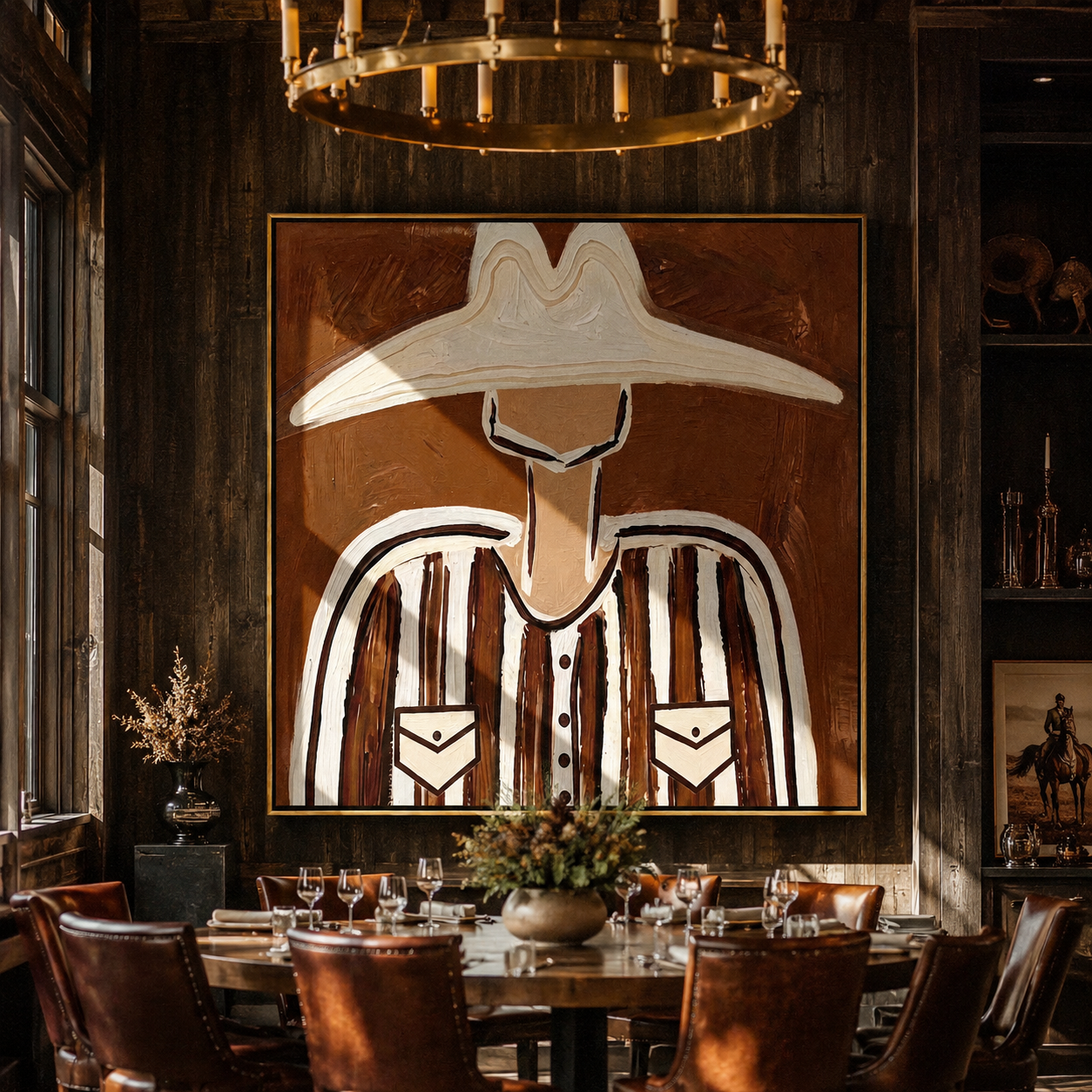 White Brim Crowns Brown Stripes - Wide White Hat Portrait painting by Adrian Lee, mid-century modern square wall art – styled room scene view 4