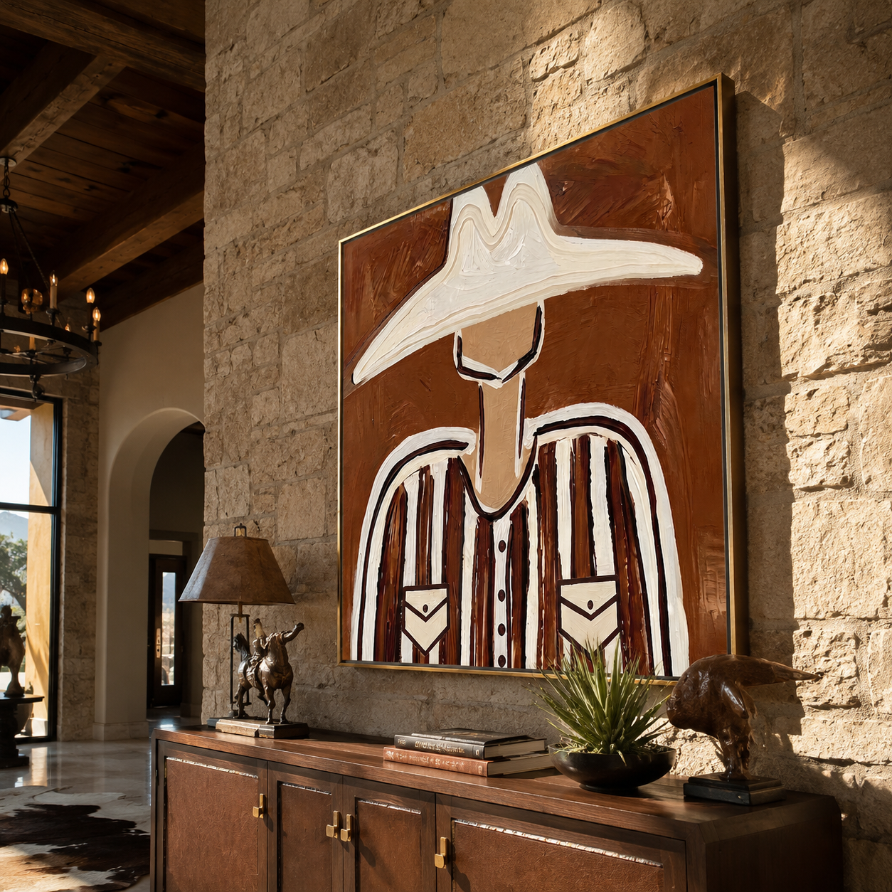 White Brim Crowns Brown Stripes - Wide White Hat Portrait painting by Adrian Lee, mid-century modern square wall art – styled room scene view 5
