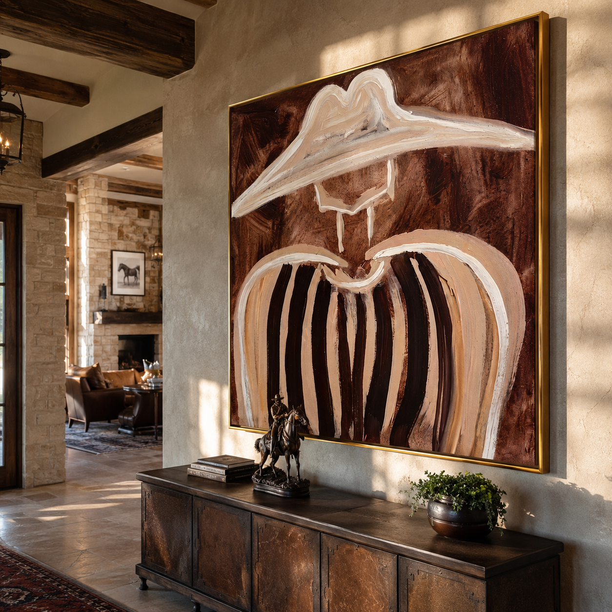 Pale Brim Softens Cocoa Lines - Soft Brown Stripe Portrait painting by Adrian Lee, mid-century modern square wall art – styled room scene view 1