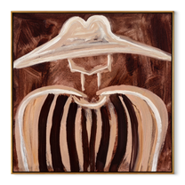 Pale Brim Softens Cocoa Lines - Soft Brown Stripe Portrait painting by Adrian Lee, mid-century modern square wall art – wood frame on white background