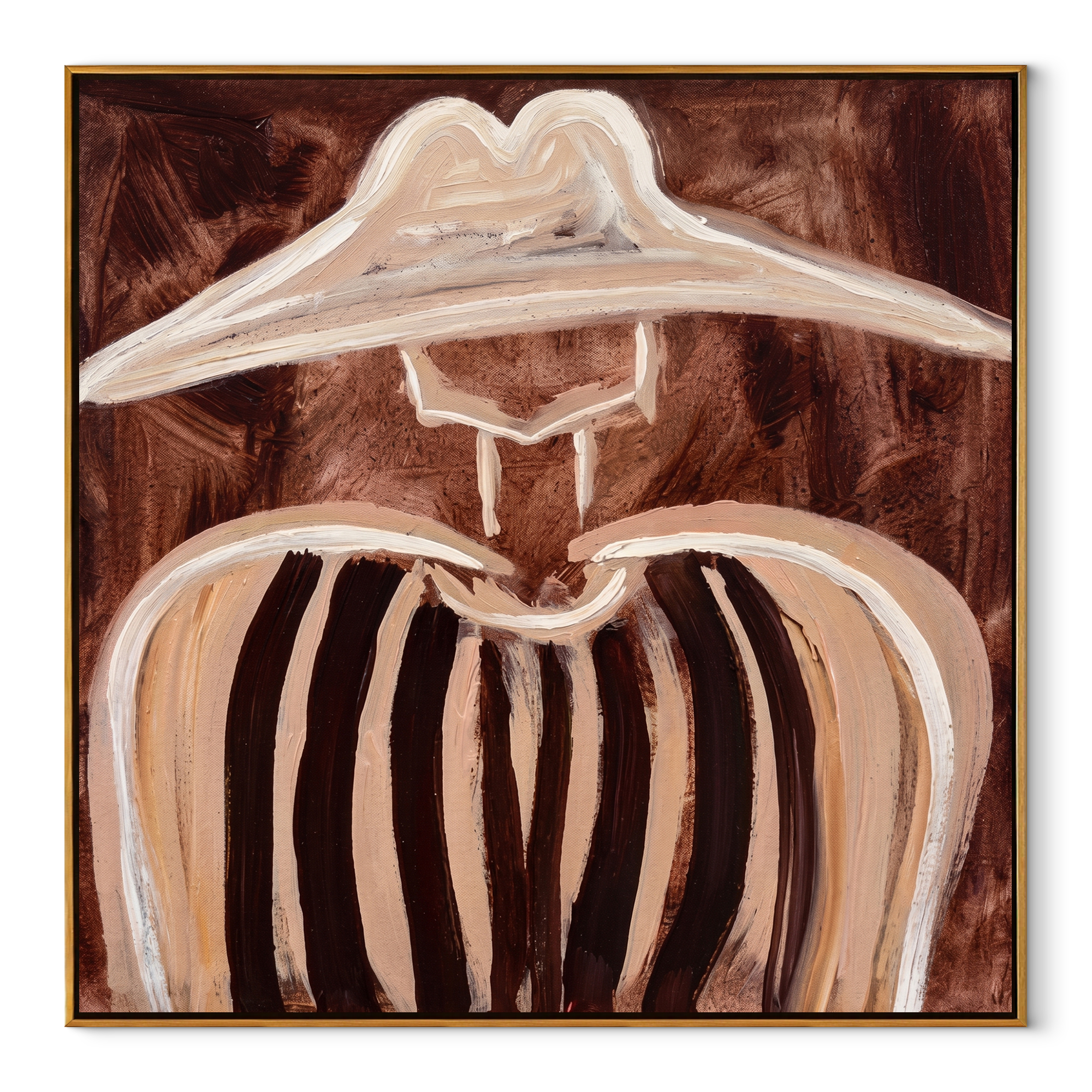 Pale Brim Softens Cocoa Lines - Soft Brown Stripe Portrait painting by Adrian Lee, mid-century modern square wall art – wood frame on white background