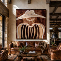 Pale Brim Softens Cocoa Lines - Soft Brown Stripe Portrait painting by Adrian Lee, mid-century modern square wall art – styled room scene view 2