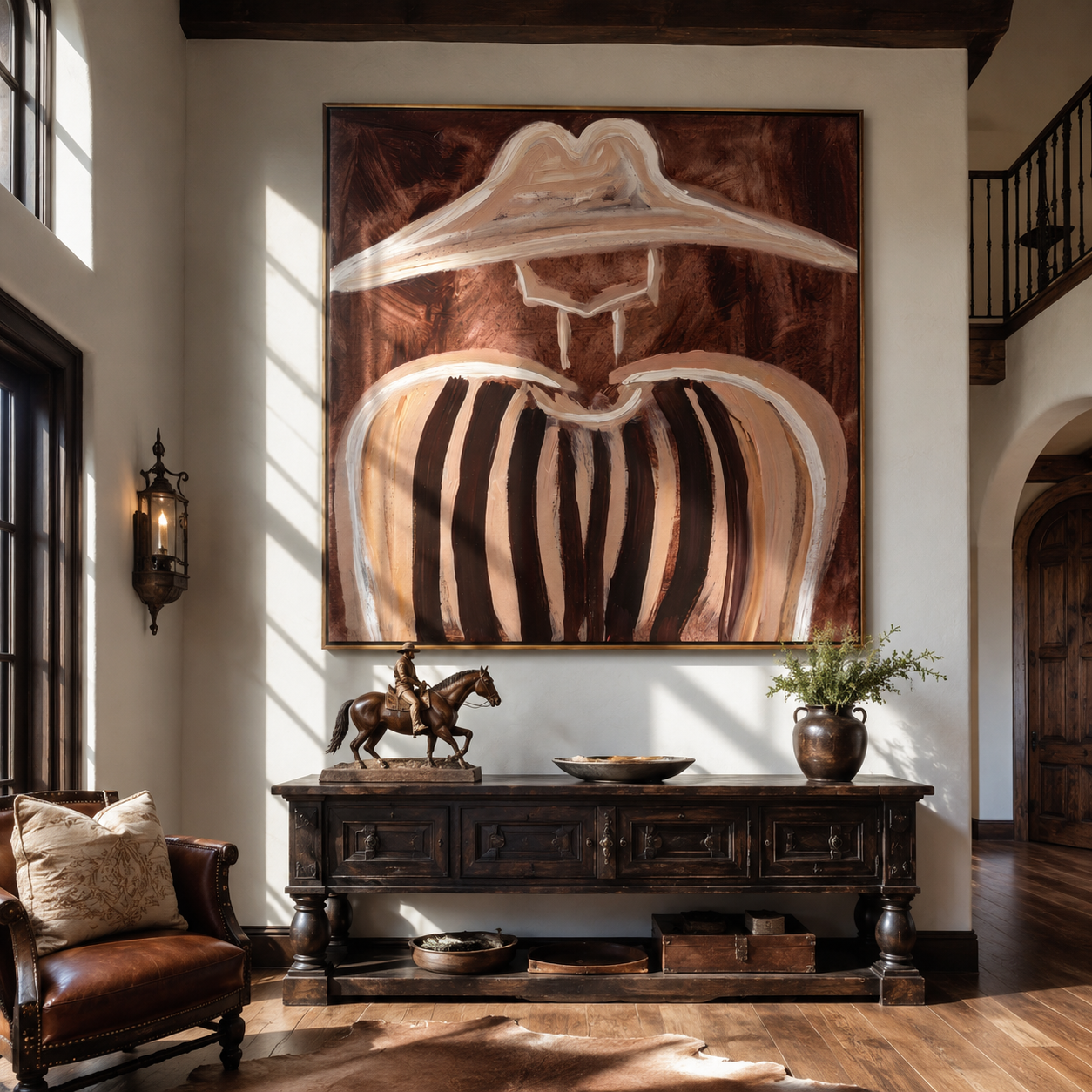 Pale Brim Softens Cocoa Lines - Soft Brown Stripe Portrait painting by Adrian Lee, mid-century modern square wall art – styled room scene view 3