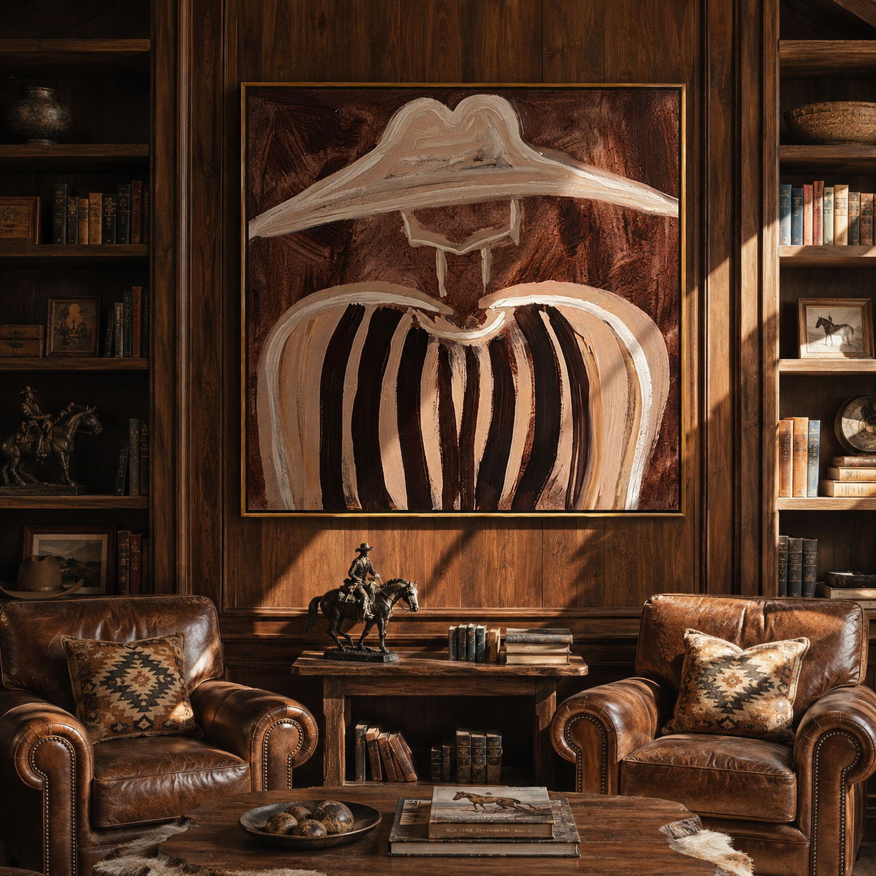 Pale Brim Softens Cocoa Lines - Soft Brown Stripe Portrait painting by Adrian Lee, mid-century modern square wall art – styled room scene view 4