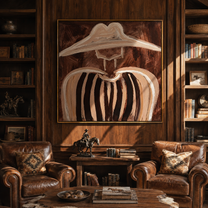Pale Brim Softens Cocoa Lines - Soft Brown Stripe Portrait painting by Adrian Lee, mid-century modern square wall art – styled room scene view 4