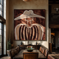Pale Brim Softens Cocoa Lines - Soft Brown Stripe Portrait painting by Adrian Lee, mid-century modern square wall art – styled room scene view 5