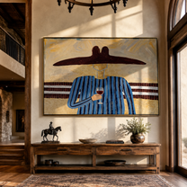Blue Lines Lift the Evening Glass - Blue Stripe Wine Figure painting by Adrian Lee, mid-century modern horizontal wall art – styled room scene view 1