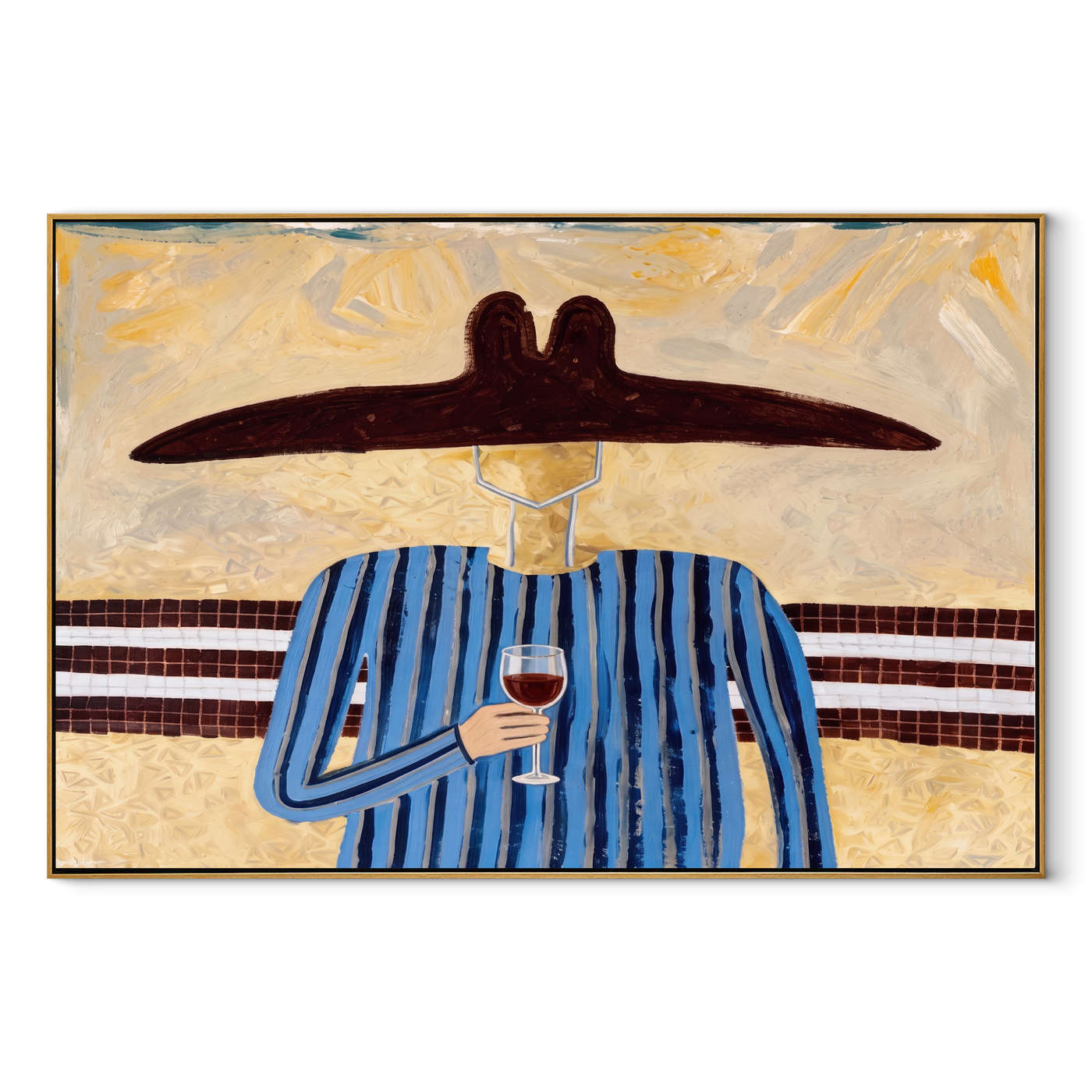 Blue Lines Lift the Evening Glass - Blue Stripe Wine Figure painting by Adrian Lee, mid-century modern horizontal wall art – wood frame on white background