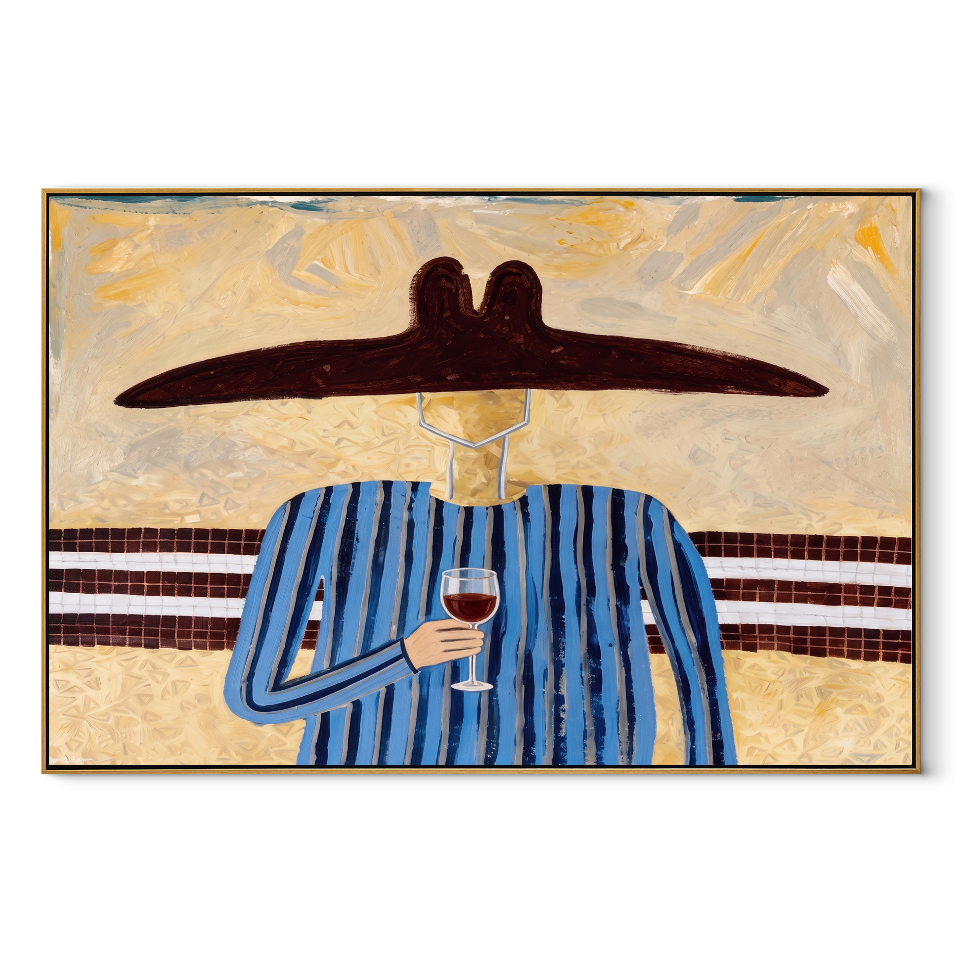 Blue Lines Lift the Evening Glass - Blue Stripe Wine Figure painting by Adrian Lee, mid-century modern horizontal wall art – wood frame on white background