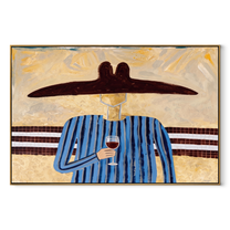 Blue Lines Lift the Evening Glass - Blue Stripe Wine Figure painting by Adrian Lee, mid-century modern horizontal wall art – wood frame on white background