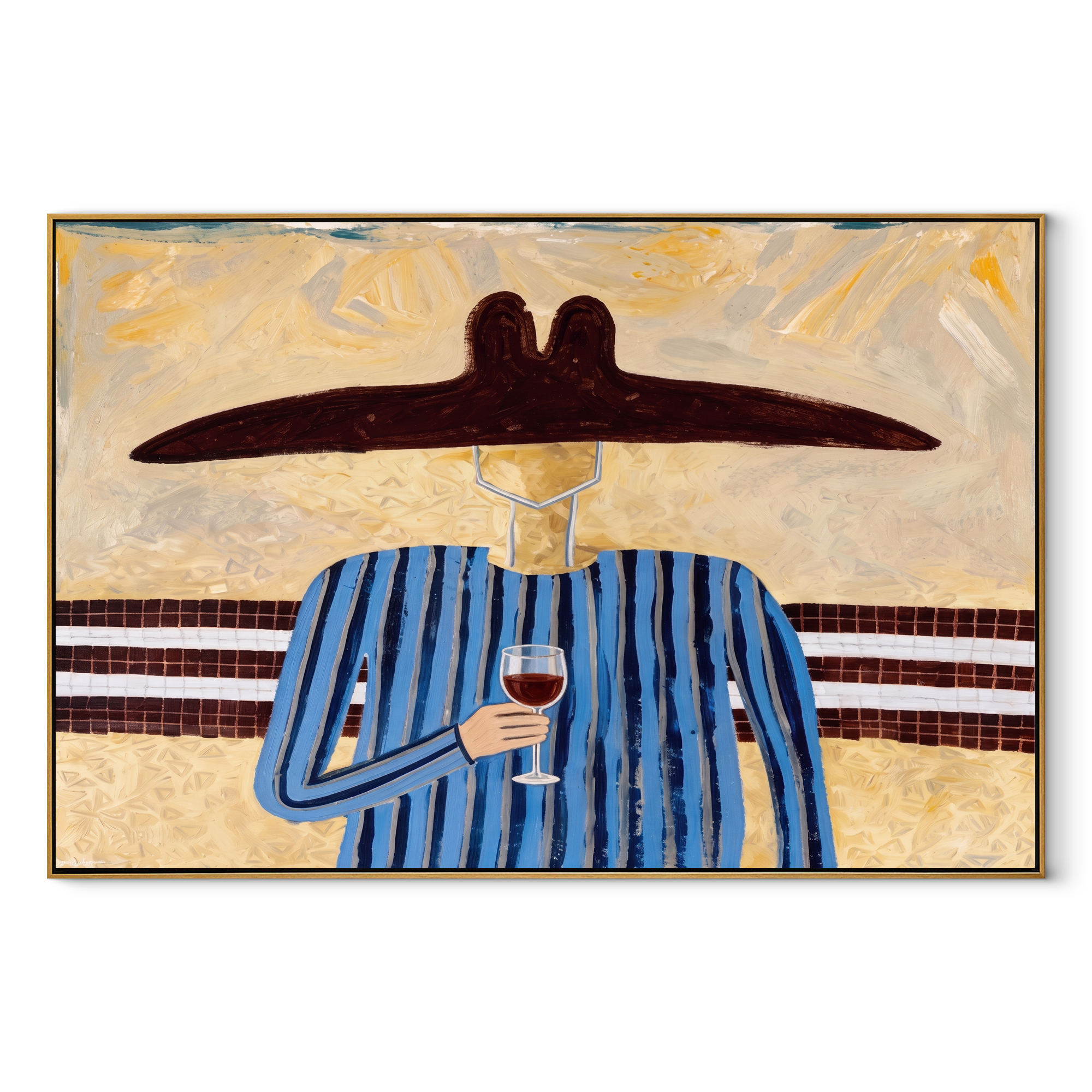Blue Lines Lift the Evening Glass - Blue Stripe Wine Figure painting by Adrian Lee, mid-century modern horizontal wall art – wood frame on white background