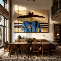Blue Lines Lift the Evening Glass - Blue Stripe Wine Figure painting by Adrian Lee, mid-century modern horizontal wall art – styled room scene view 2