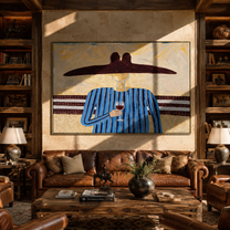 Blue Lines Lift the Evening Glass - Blue Stripe Wine Figure painting by Adrian Lee, mid-century modern horizontal wall art – styled room scene view 3
