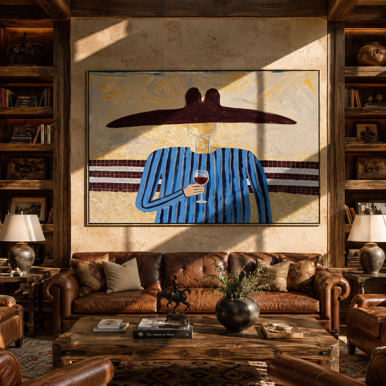 Blue Lines Lift the Evening Glass - Blue Stripe Wine Figure painting by Adrian Lee, mid-century modern horizontal wall art – styled room scene view 3