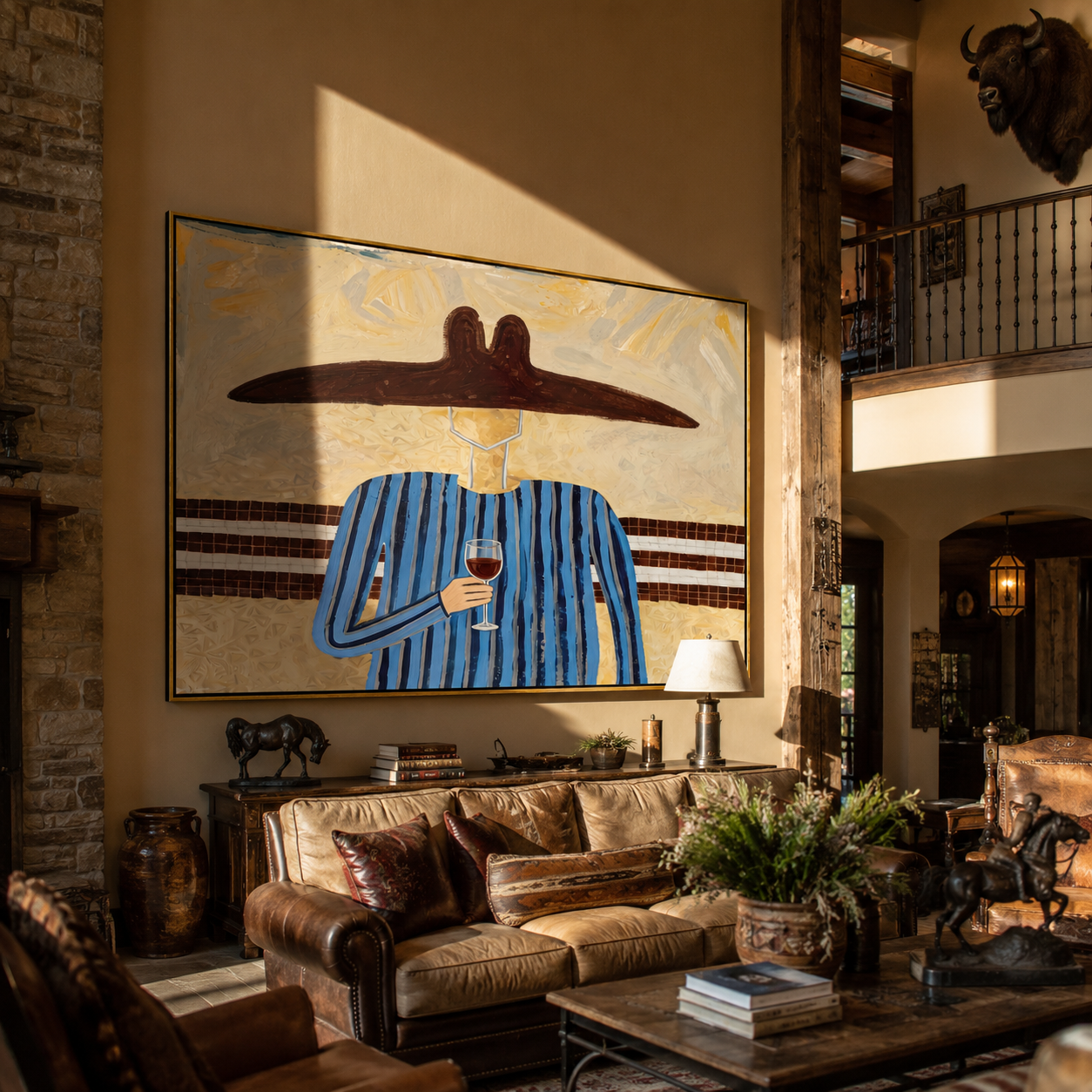 Blue Lines Lift the Evening Glass - Blue Stripe Wine Figure painting by Adrian Lee, mid-century modern horizontal wall art – styled room scene view 4
