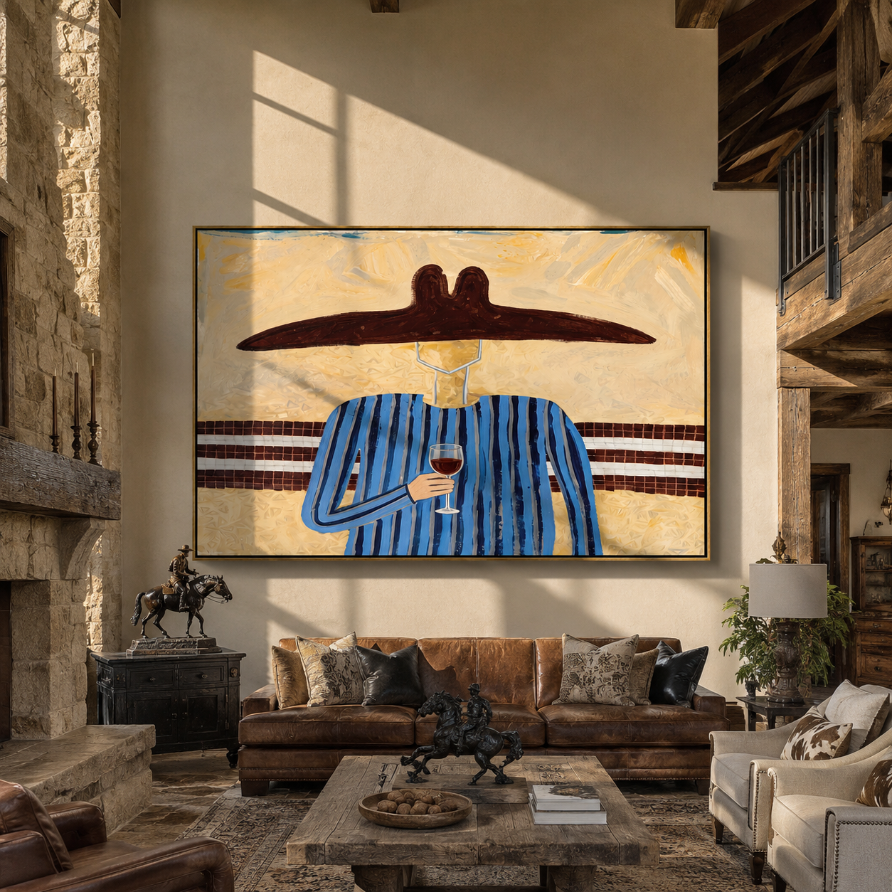 Blue Lines Lift the Evening Glass - Blue Stripe Wine Figure painting by Adrian Lee, mid-century modern horizontal wall art – styled room scene view 5